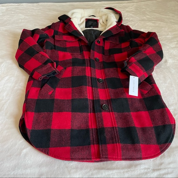 Sold! Plaid Wool Oversized Shirt Jacket Red Buffalo/cream Sherpa - Picture 9 of 16